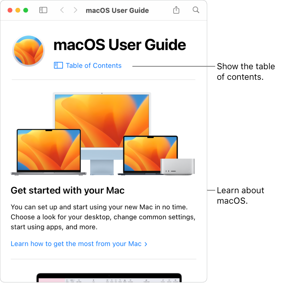 The macOS User Guide welcome page showing the Table of Contents link.