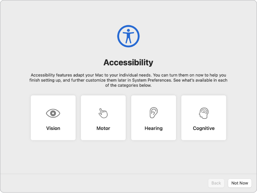 La pantalla de una Mac que muestra las opciones de Accesibilidad en el Asistente de Configuración.