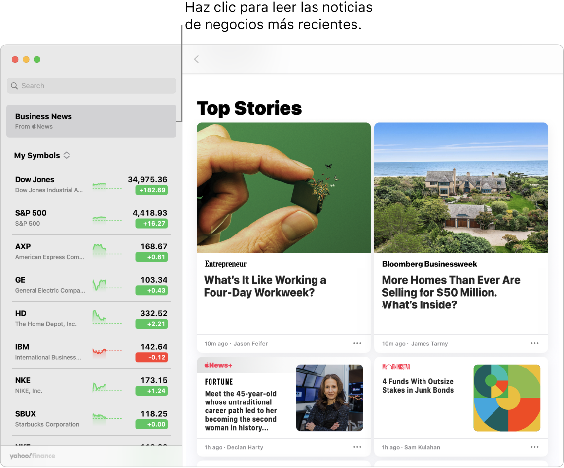 El tablero de Bolsa mostrando precios del mercado en una lista de seguimiento junto con Top Stories.