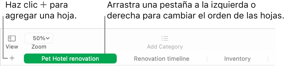 Ventana de Numbers mostrando cómo agregar una hoja nueva y cómo cambiar el orden de las hojas.