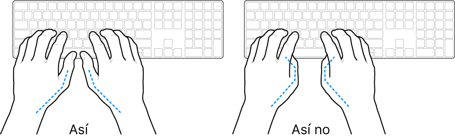 Manos colocadas sobre un teclado que muestran una posición correcta e incorrecta de los pulgares.