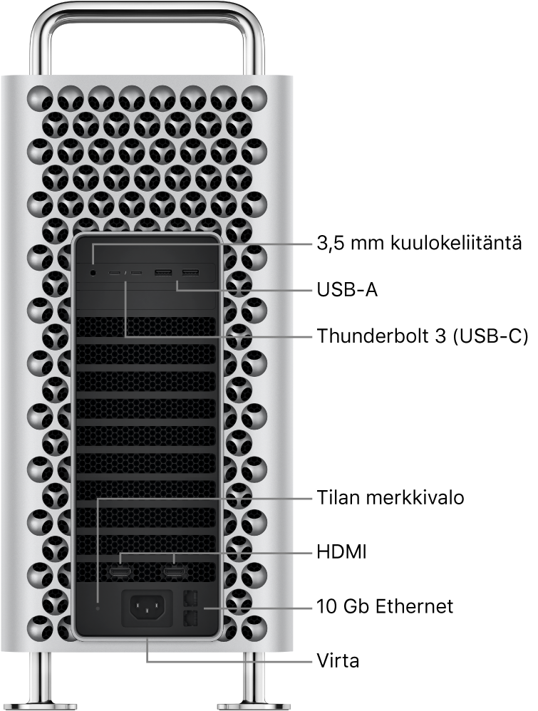 Mac Pro sivusta, jossa näkyy 3,5 mm kuulokeliitäntä, kaksi USB-A-porttia, kaksi Thunderbolt 3 (USB-C) -porttia, tilan merkkivalo, kaksi HDMI-porttia, kaksi 10 Gigabit Ethernet -porttia ja virtaliitäntä.