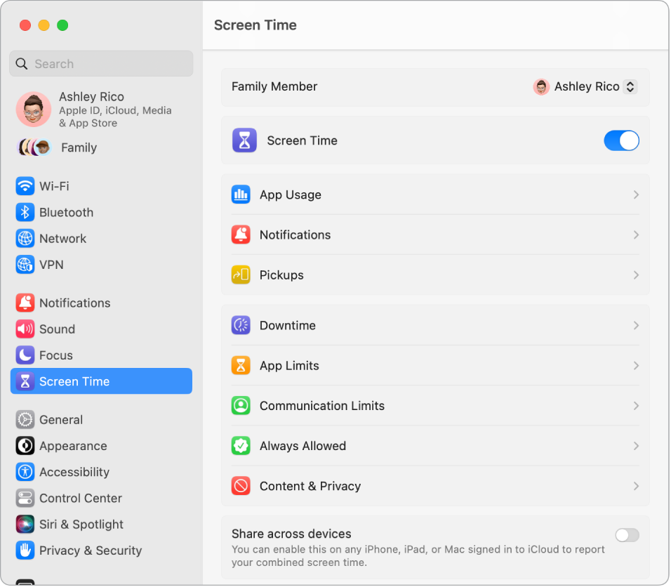  Fenêtre des réglages « Temps d’écran » avec des options permettant d’obtenir des statistiques concernant « Utilisation des apps », Notifications et Activations, ainsi que des options de gestion de « Temps d’écran » (programmation d’un temps d’arrêt, configuration des limites d’app et de communication, etc.).