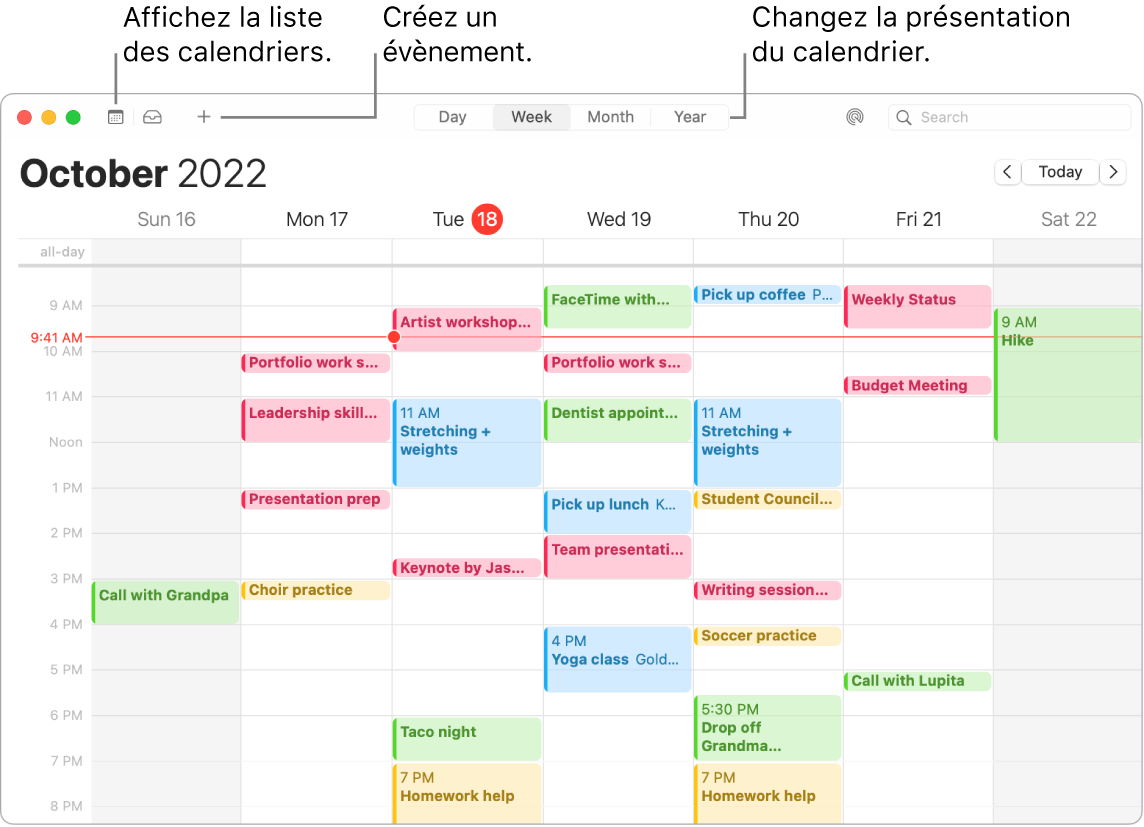 Une fenêtre de Calendrier affichant la liste des calendriers et indiquant comment créer un évènement et choisir une présentation par jour, par semaine, par mois ou par année.