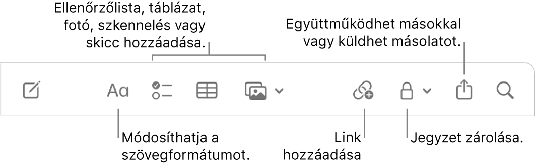 A Jegyzetek eszközsor a szövegformátum, az ellenőrzőlista, a táblázat, a link, a fotók/média, a zár, a megosztás és a másolat küldése eszközök ábrafelirataival.