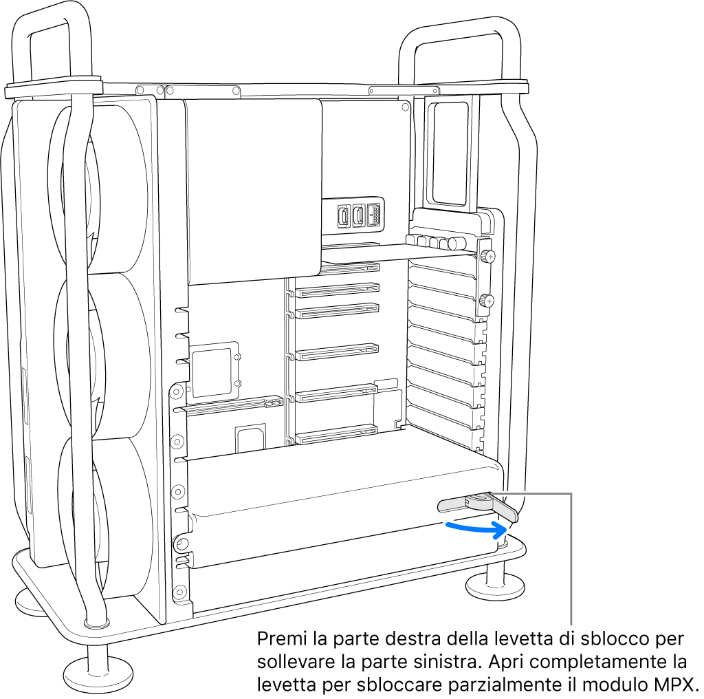 Apertura della leva di sblocco per scollegare il modulo esistente.