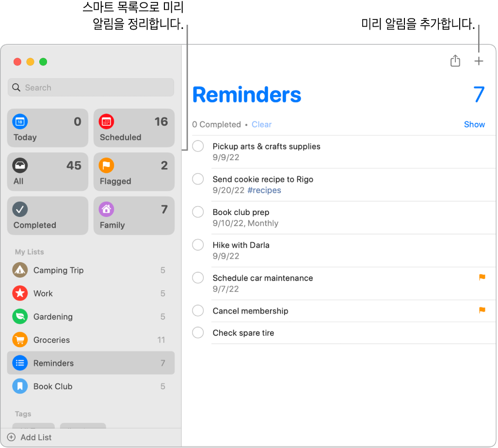 왼쪽에 스마트 목록이 있고 아래에 다른 미리 알림과 목록이 표시된 미리 알림 윈도우. 포인터가 미리 알림에 있음. 스마트 목록 및 ‘새로운 미리 알림 추가’ 버튼에 대한 설명이 있음.