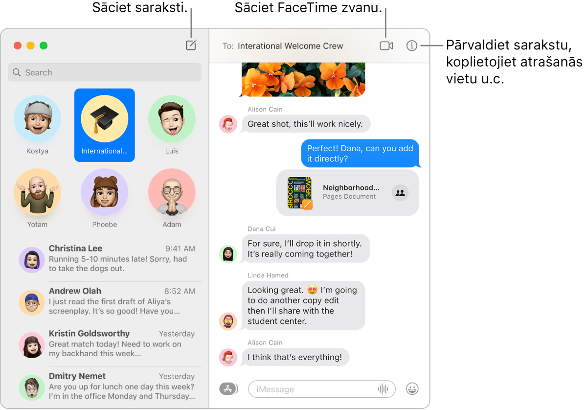 Lietotnes Messages logā parādīts, kā sākt saraksti un kā sākt FaceTime zvanu.