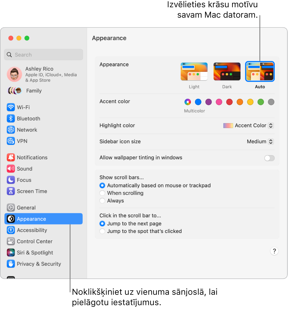 Appearance iestatījumi izvēlnē System Settings.