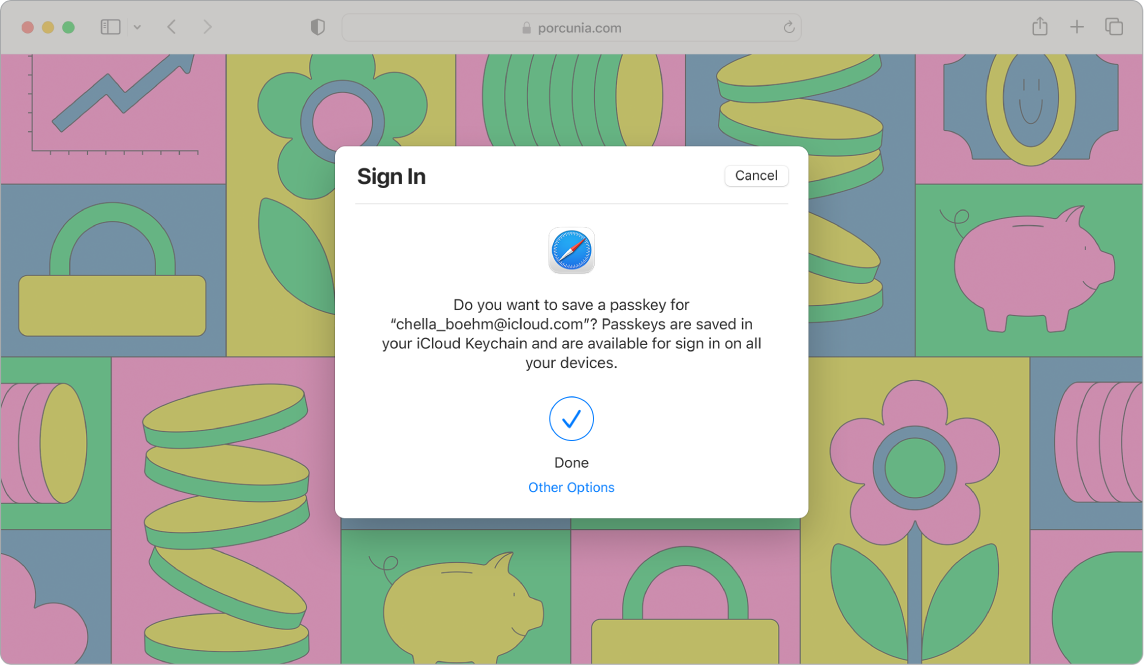 Safari logs ar dialoglodziņu Sign In, kurā tiek jautāts, vai lietotājs vēlas saglabāt piekļuves atslēgu. Dialoglodziņā ir norādīts, ka piekļuves atslēgas tiek saglabātas pakalpojumā iCloud Keychain un ir pieejamas, lai pierakstītos visās jūsu ierīcēs. Zila atzīme norāda, ka piekļuves atslēga ir izveidota, un pieejama saite uz Other Options, lai izveidotu piekļuves atslēgu.