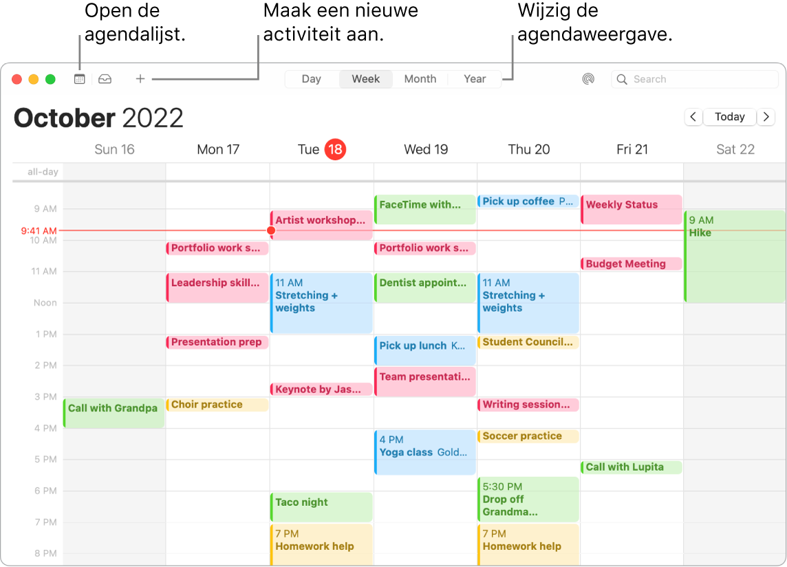 Een Agenda-venster waarin wordt aangegeven hoe je de agendalijst weergeeft, een activiteit aanmaakt en de dag-, week-, maand- of jaarweergave kiest.