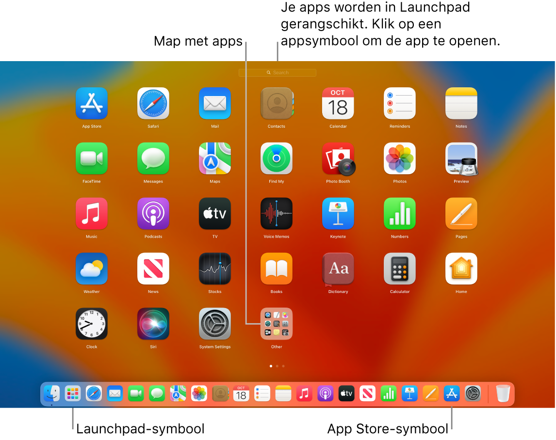 Een Mac-scherm met Launchpad geopend, een map met apps uitgelicht in Launchpad, en het Launchpad-symbool en App Store-symbool uitgelicht in het Dock.