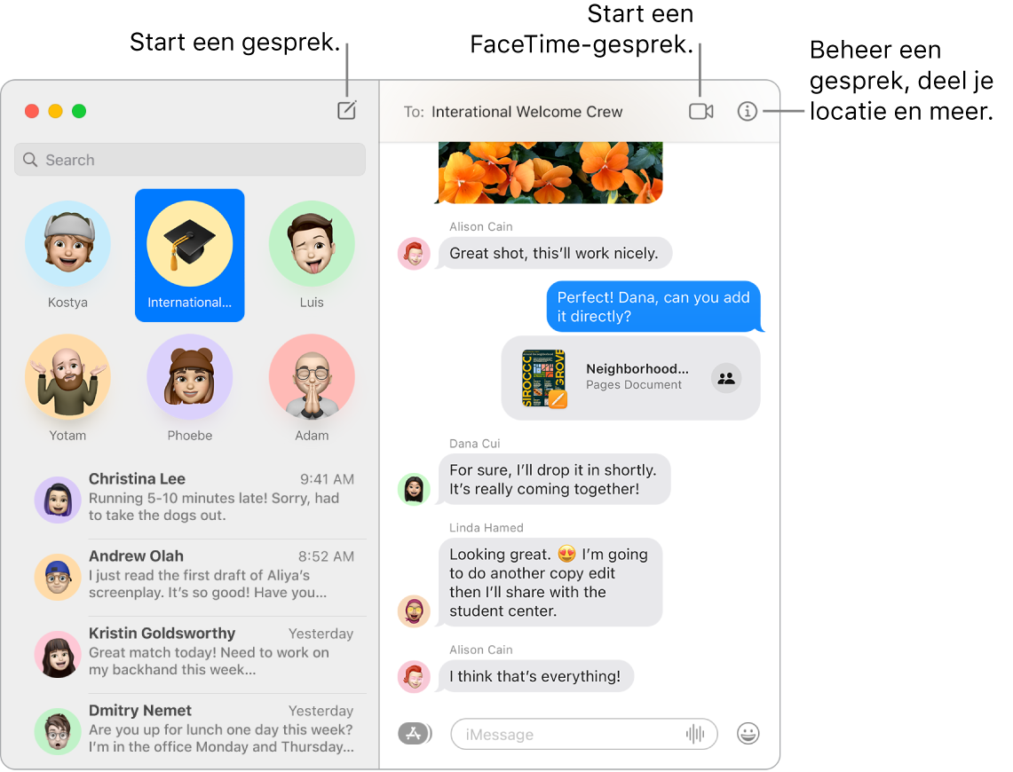 Een Berichten-venster waarin wordt aangegeven hoe je een gesprek en een FaceTime-gesprek start.