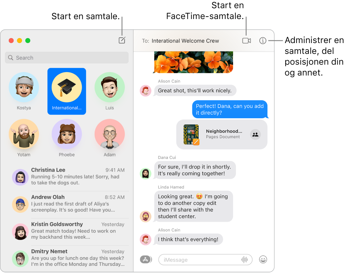 Et Meldinger-vindu som viser hvordan du starter en samtale og hvordan du starter et FaceTime-anrop.