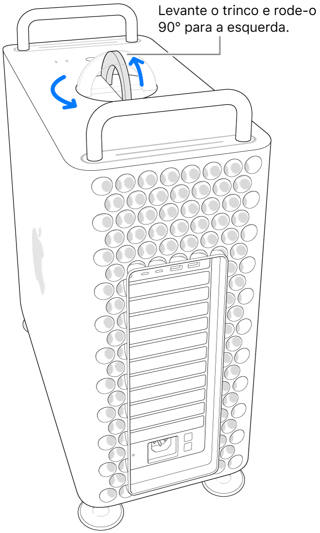 A mostrar o primeiro passo para remover a estrutura do computador levantando o trinco e rodando-o 90 graus.