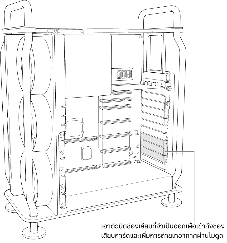 เอาตัวปิดช่องเสียบที่จำเป็นออกเพื่อให้เข้าถึงพอร์ตการ์ดและทำให้อากาศไหลเวียนผ่านโมดูลได้