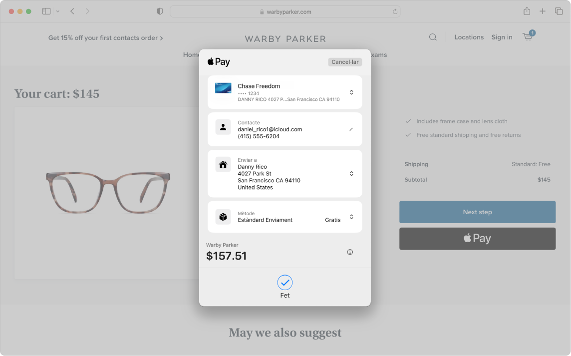 Una pantalla de Mac mostrant una compra en línia en curs feta amb l’Apple Pay al Safari.