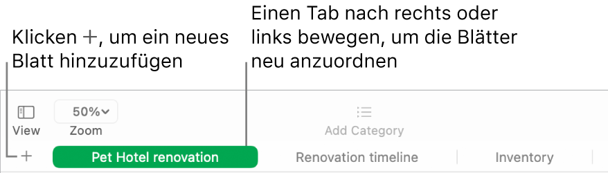 Numbers-Fenster mit Informationen zum Hinzufügen eines neuen Rechenblatts und zum Neuanordnen der Blätter