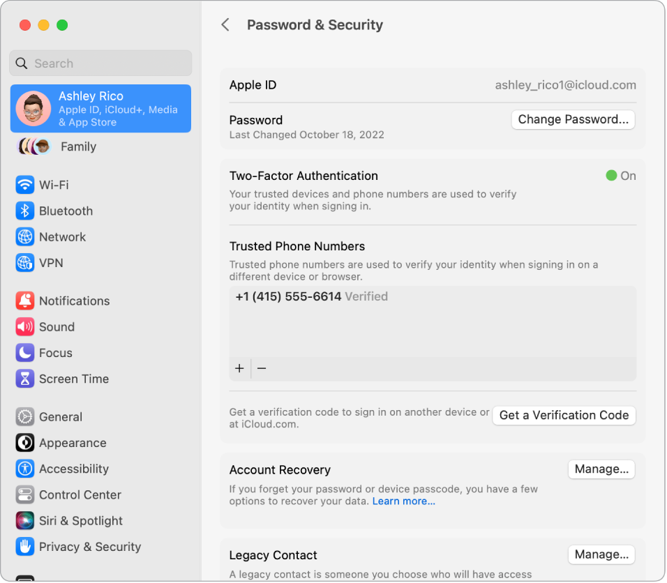 Der Apple-ID-Bereich „Passwort & Datenschutz“ in den Systemeinstellungen. Hier kann die Accountwiederherstellung oder ein Nachlasskontakt konfiguriert werden.