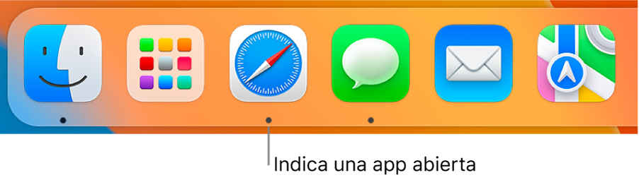 Una parte del Dock donde se ven puntos negros debajo de las apps abiertas.