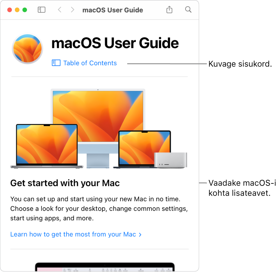 macOS-i kasutusjuhendi tervituslehel kuvatakse sisukorra linki.