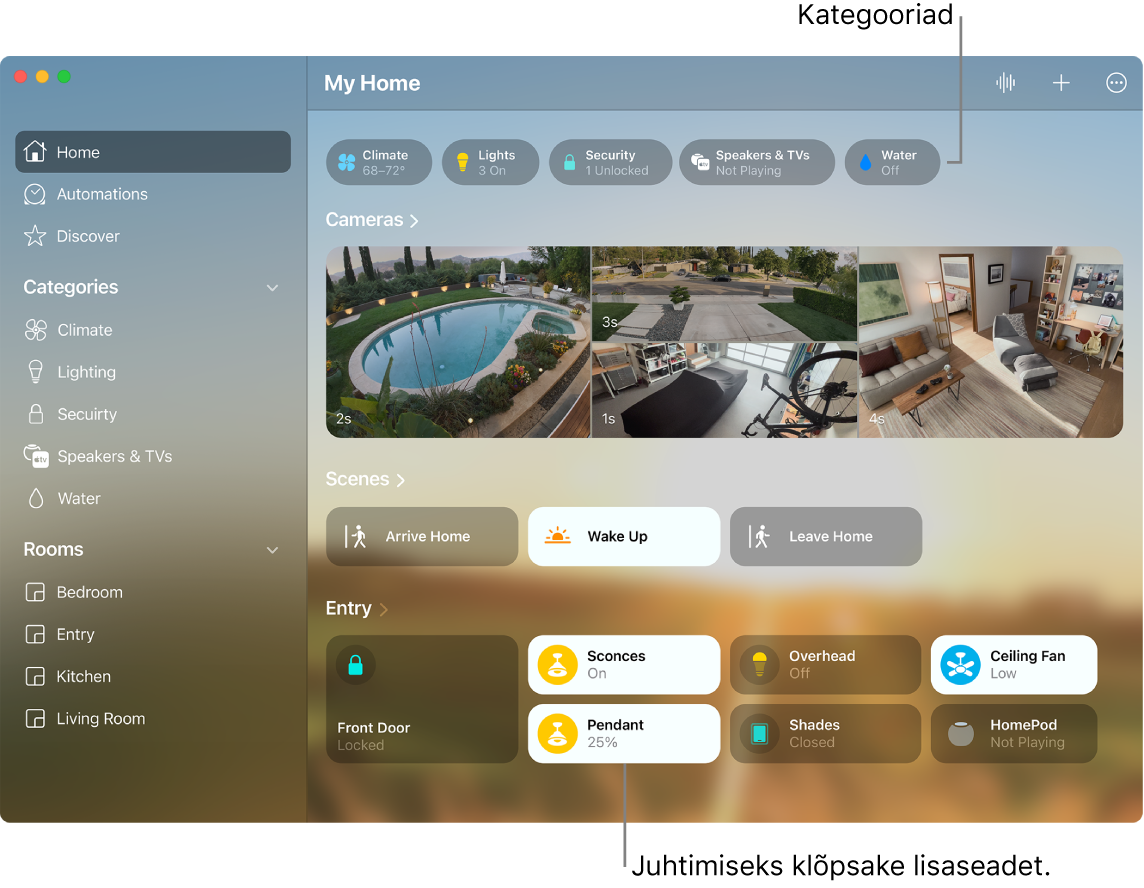 Rakenduse Home kuva koos kategooriate, lemmikstseenide ja -seadmetega.
