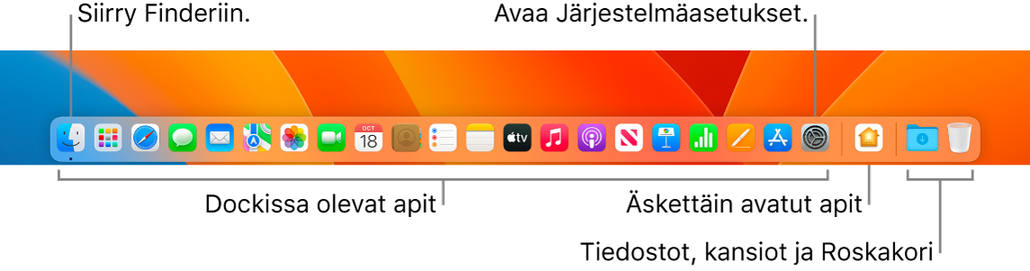 Dock, jossa näkyy Finder, Järjestelmäasetukset ja Dockissa oleva viiva, joka erottaa tiedostot ja kansiot apeista.