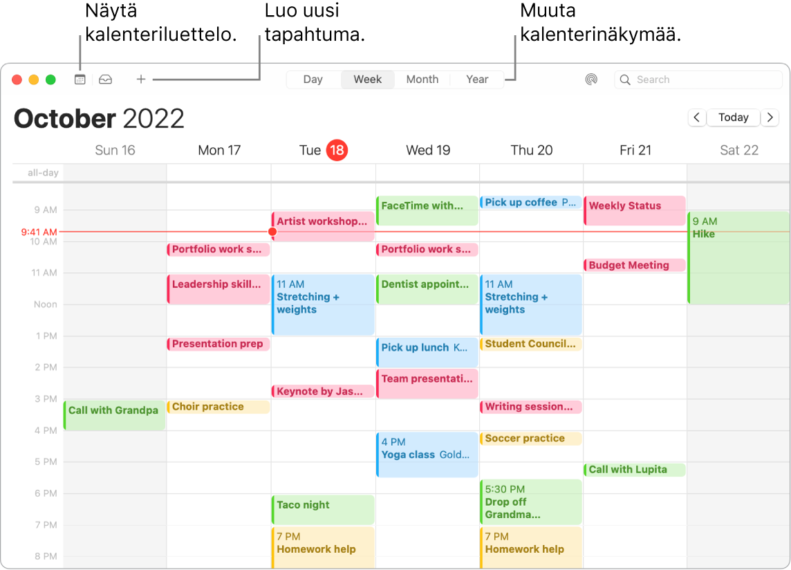 Kalenteri-ikkuna, jossa näkyy kalenteriluettelo ja jossa näytetään, kuinka tapahtuma lisätään ja kuinka valitaan näkymäksi päivä, viikko, kuukausi tai vuosi.