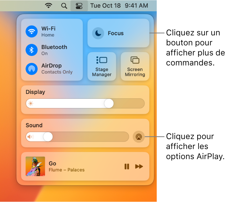 Vue agrandie du centre de contrôle sur votre Mac.