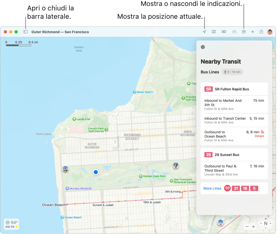 Una finestra di Mappe che mostra come ottenere indicazioni facendo clic su una destinazione nella barra laterale, come aprire o chiudere la barra laterale e come trovare la tua posizione attuale sulla mappa.