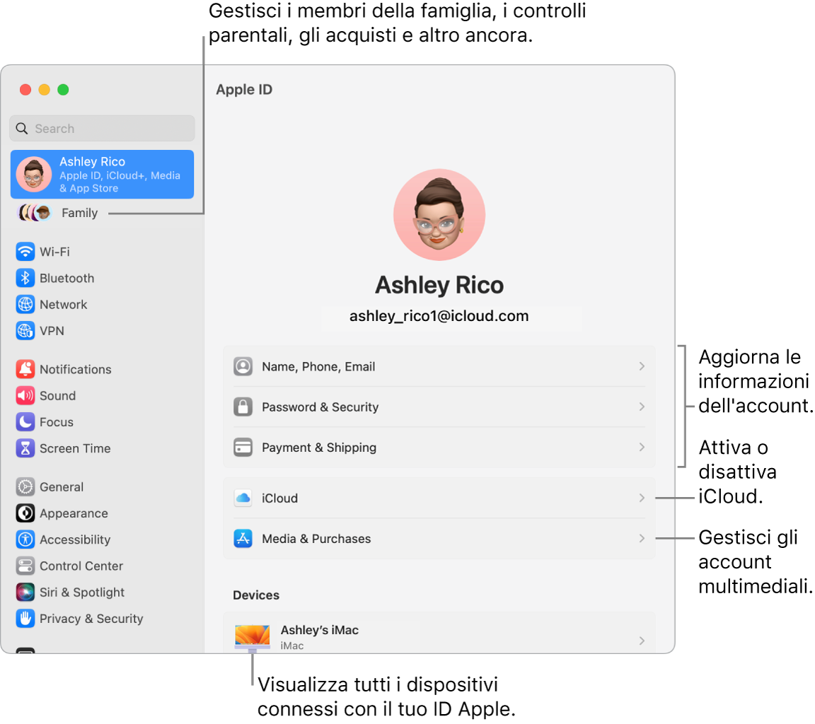 Le impostazioni dell'ID Apple in Impostazioni di Sistema, con didascalie per aggiornare le informazioni dell'account, attivare o disattivare le funzionalità di iCloud, gestire gli account multimediali e Famiglia, dove puoi gestire i membri del gruppo familiare, i controlli parentali, gli acquisti e altro ancora.