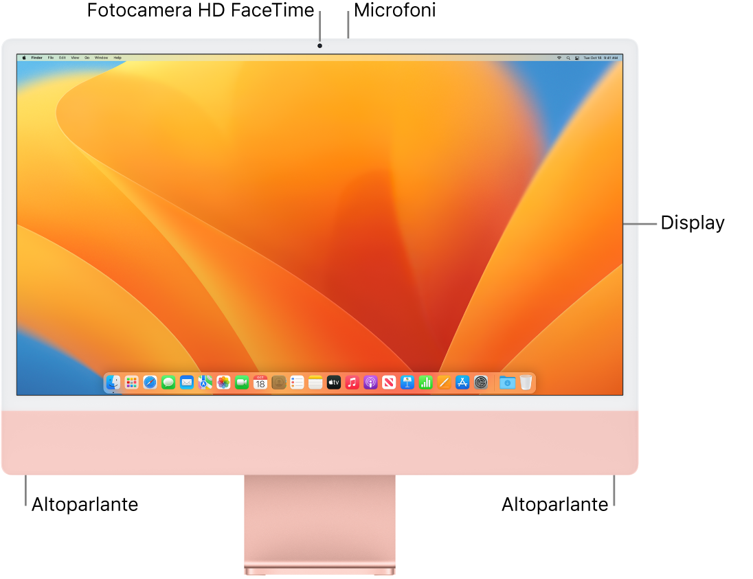 Vista frontale di iMac che mostra il monitor, la fotocamera, i microfoni e gli altoparlanti.