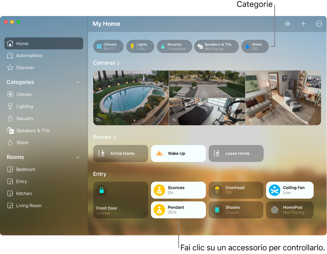 L'app Casa che mostra le categorie, le scene preferite e gli accessori preferiti.