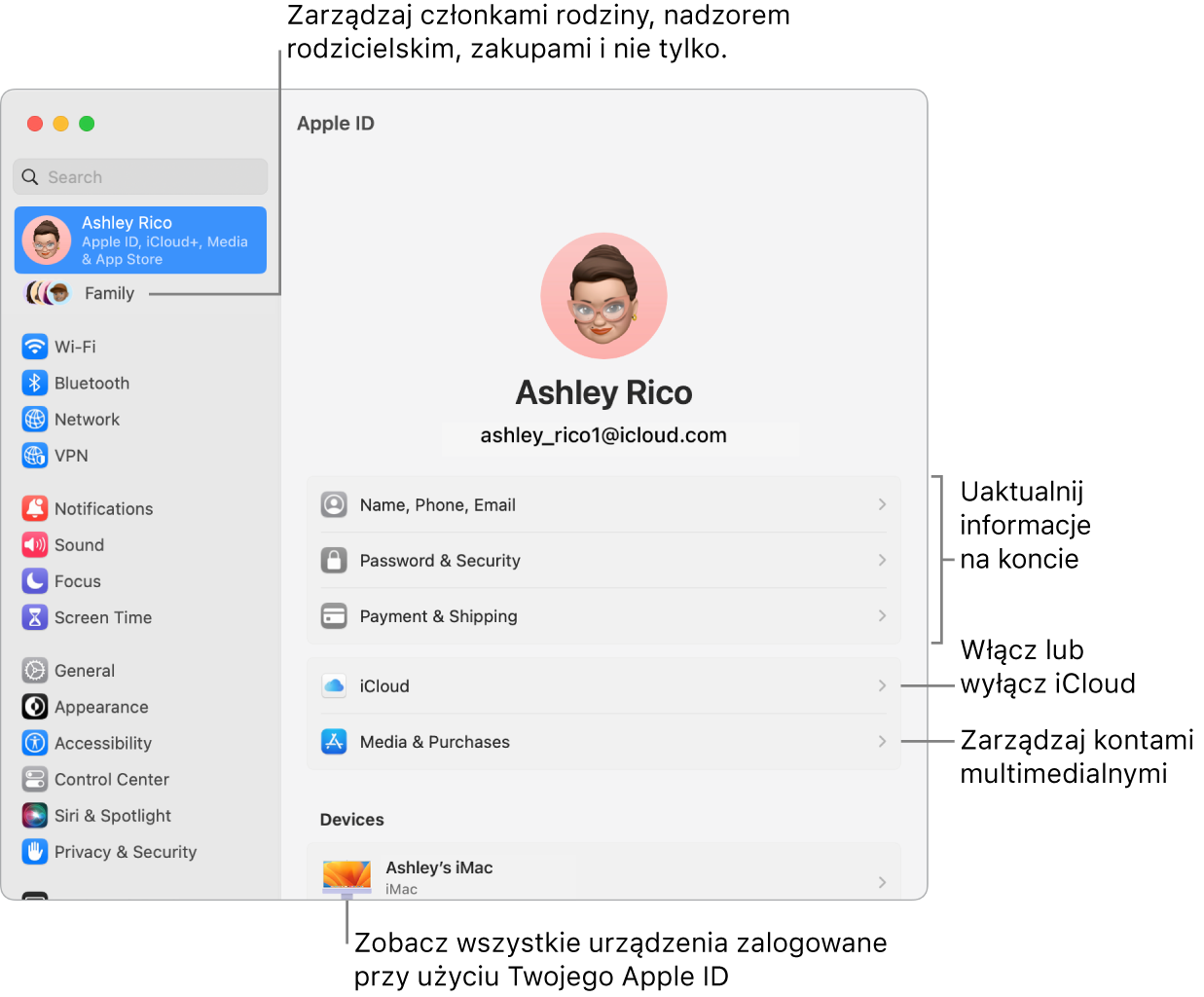 Ustawienia Apple ID w Ustawieniach systemowych z dymkami pomocy do informacji o uaktualnieniu konta, włączaniu lub wyłączaniu funkcji iCloud, zarządzaniu kontami multimedialnymi, oraz chmurą rodzinną, gdzie możesz zarządzać ustawieniami członków rodziny, nadzorem rodzicielskim, zakupami i nie tylko.