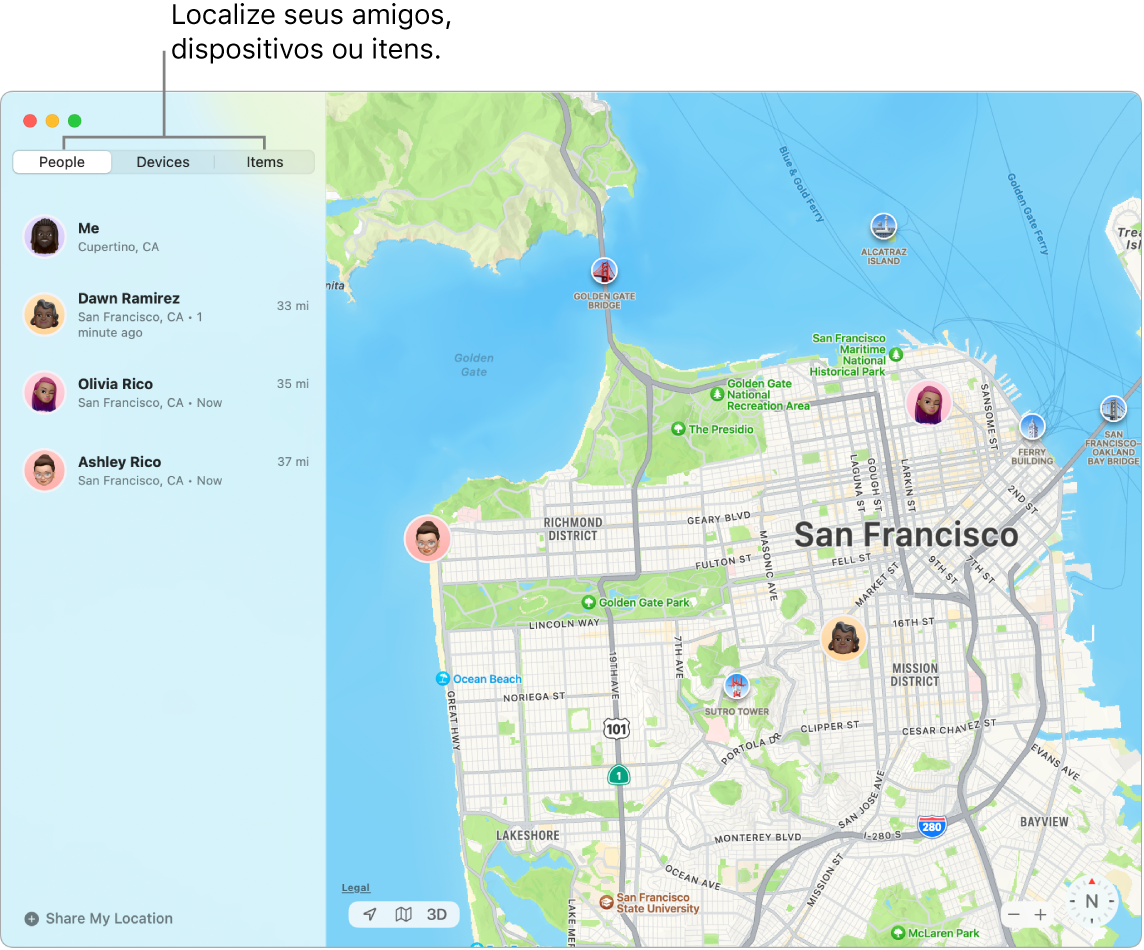 Janela Buscar com a aba Pessoas selecionada à esquerda e o mapa de San Francisco à direita com a localização sua e de dois amigos.