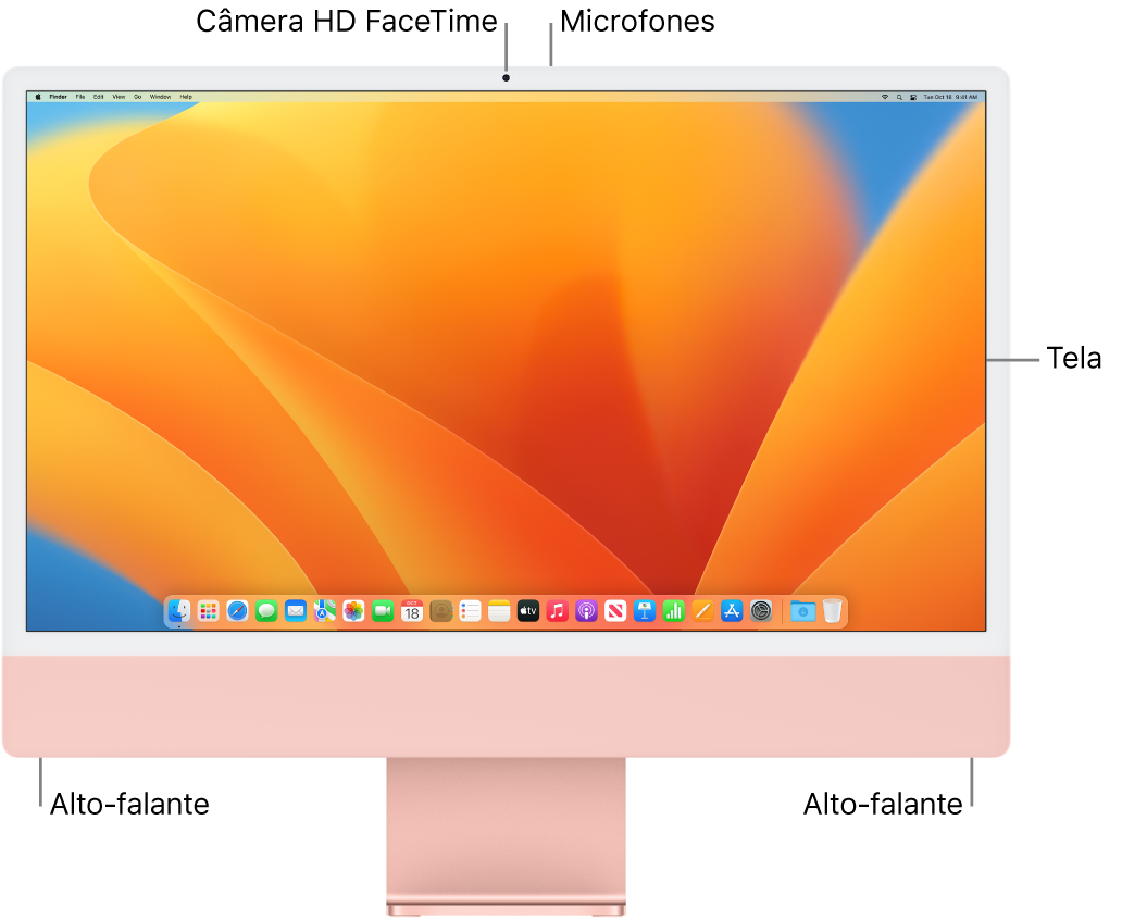 Vista frontal iMac mostrando a tela, câmera, microfones e alto-falantes.