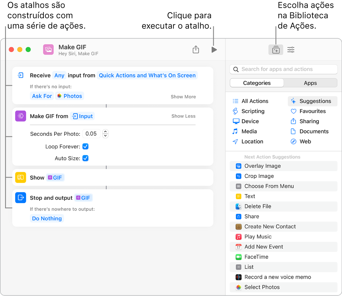 O editor do atalho Criar GIF à esquerda e a biblioteca de ações à direita.