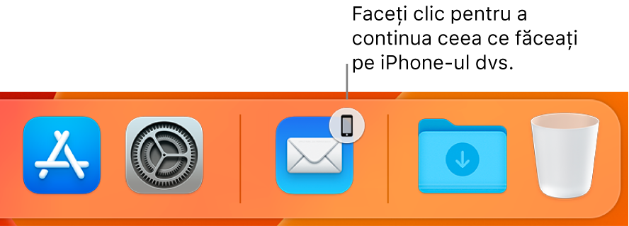 Pictograma Handoff vizibilă în Dock.