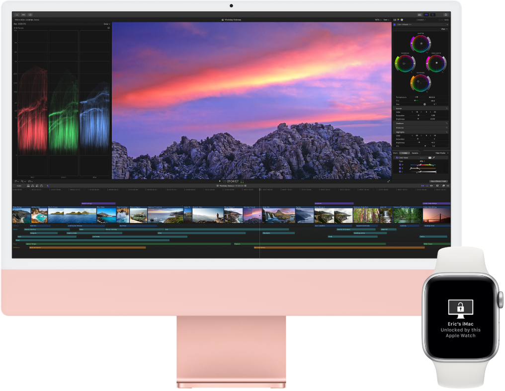 Một iMac, bên cạnh một Apple Watch đang hiển thị một thông báo rằng máy Mac đã được mở khóa bằng đồng hồ.