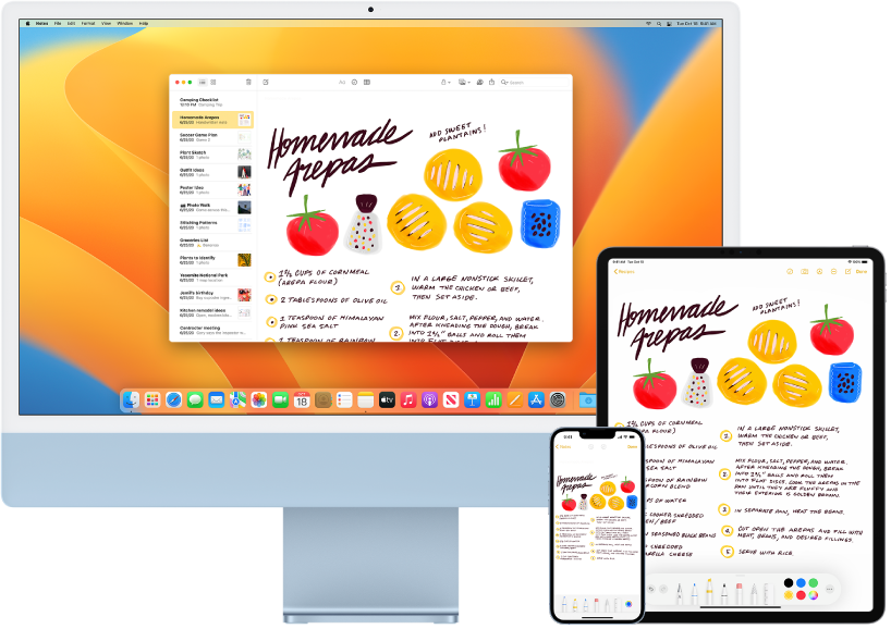 “备忘录” App 中的购物清单显示在 iMac、iPhone 和 iPad 上。