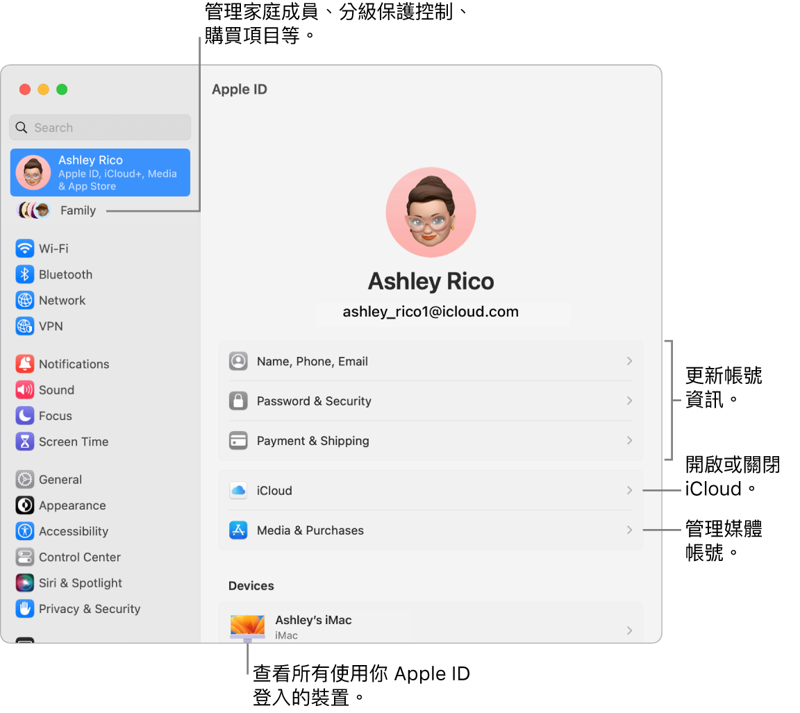 「系統設定」中的 Apple ID 設定包含更新帳號資訊、開啟或關閉 iCloud 功能、管理媒體帳號以及可管理家庭成員、分級保護控制、購買項目和更多內容的「家人共享」的說明框。