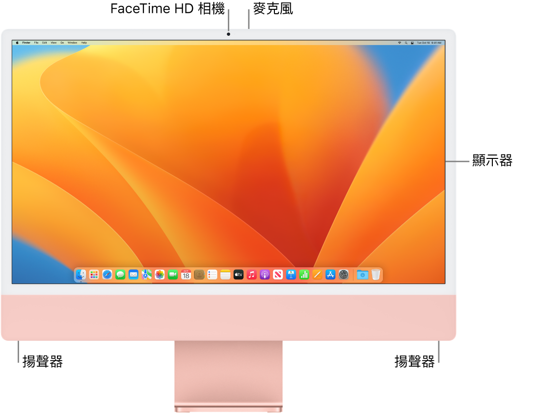 iMac 的正面，顯示螢幕、相機、麥克風和揚聲器。