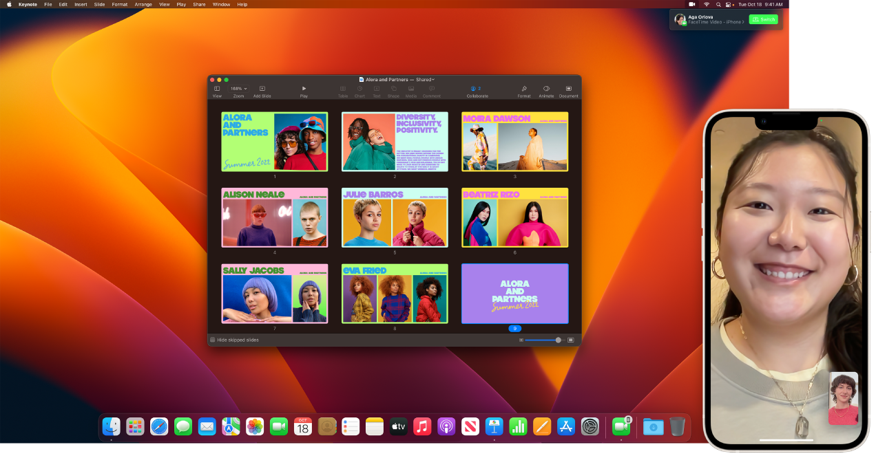 مكالمة فيس تايم على iPhone بجوار سطح مكتب Mac مع نافذة Keynote مفتوحة. يوجد في الزاوية العلوية اليسرى من Mac زر لتبديل مكالمة فيس تايم إلى Mac.