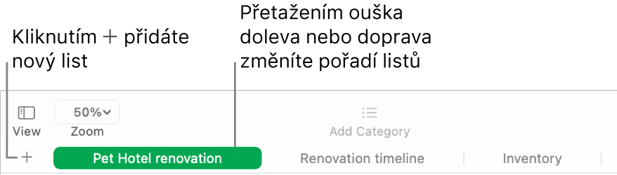 Okno Numbers s popisky popisujícími, jak přidat nové listy a změnit jejich uspořádání