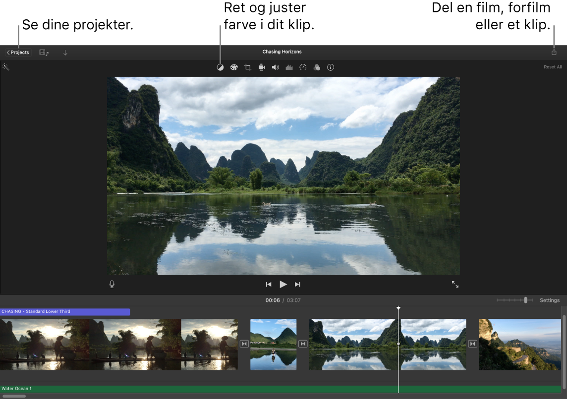 Et iMovie-vindue, der viser knapper til at få vist projekter, korrigere og justere farver og dele din film, din forfilm eller dit filmklip.