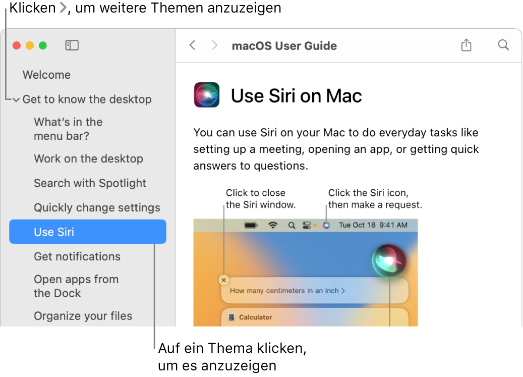 Help Viewer mit Informationen zum Auflisten von Themen in der Seitenleiste und Anzeigen des Inhalts eines Themas.