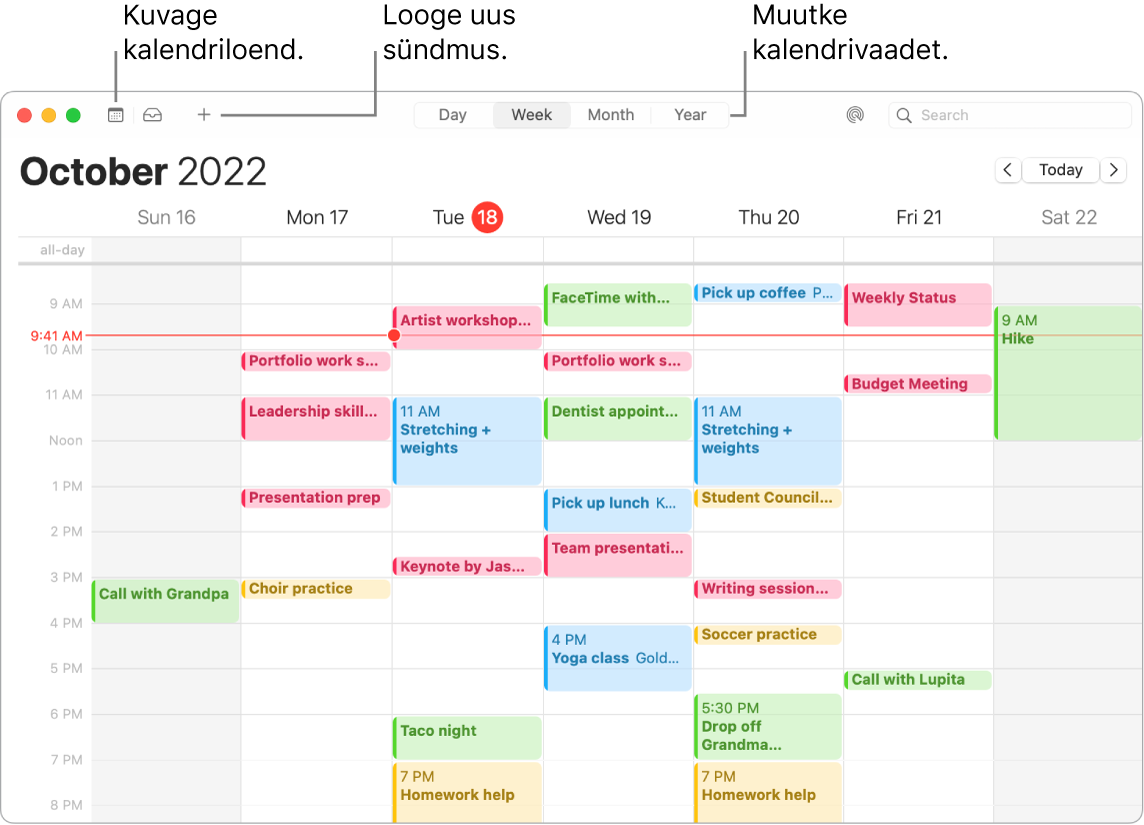 Rakenduse Calendar aknas kuvatakse kalendriloendit ning näidatakse kuidas luua sündmust ja valida vaade Day, Week, Month või Year.