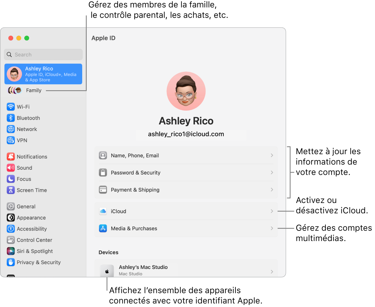 Réglages de l’identifiant Apple dans « Réglages Système » avec des légendes pour la mise à jour des informations du compte, l’activation ou la désactivation des fonctionnalités iCloud, la gestion des comptes multimédias, et Famille, où vous pouvez gérer les membres de votre famille, les contrôles parentaux, les achats, et plus encore.