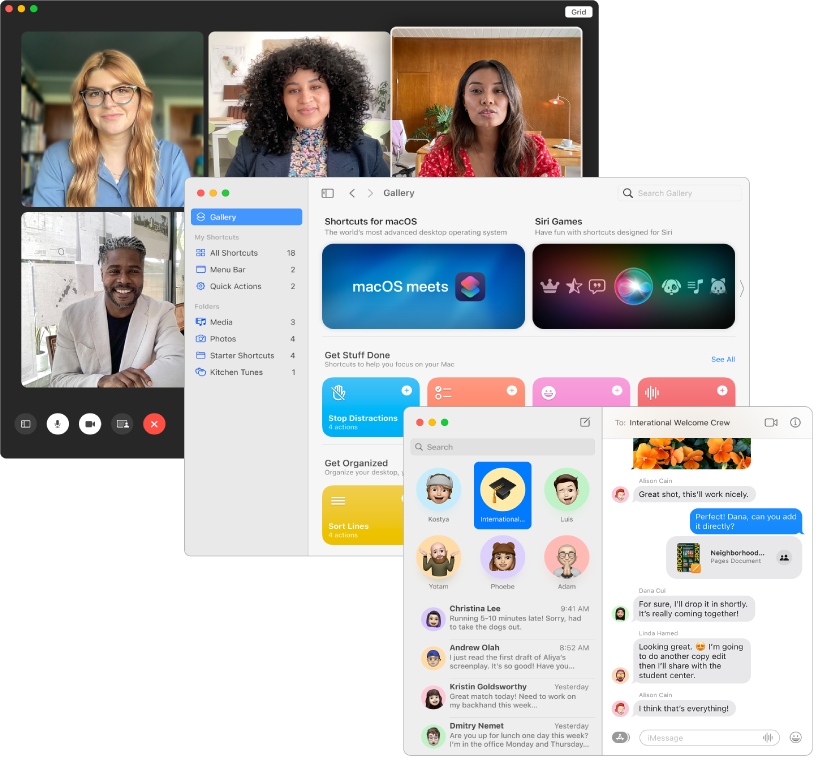 FaceTime, Shortcuts және Messages қолданбаларының қабаттасқан экрандары.