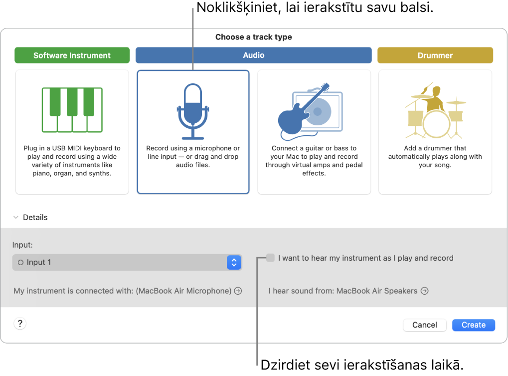 Lietotnes GarageBand instrumentu panelī parādīts, kur jāklikšķina, lai ierakstītu balsi, un kā klausīties sevi ierakstīšanas laikā.